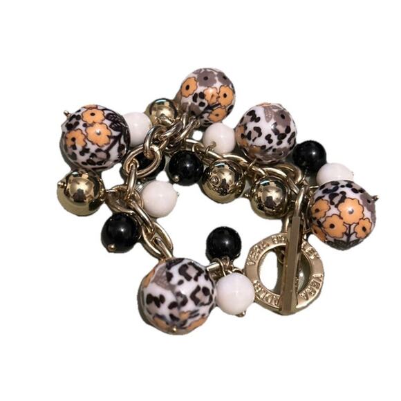 Vera Bradley Ball Bracelet Peach Brown Multi Colored Floral Beads with Gold - Picture 1 of 3